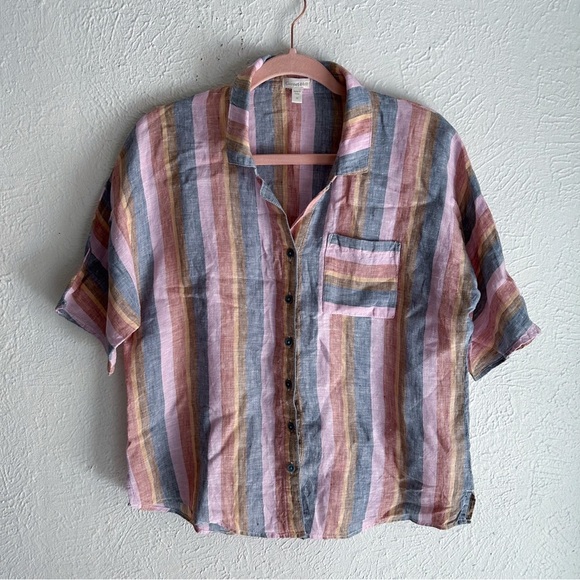 Garnet Hill Linen Multicolored Stripe Button Down Shirt Size 12 - Picture 2 of 6